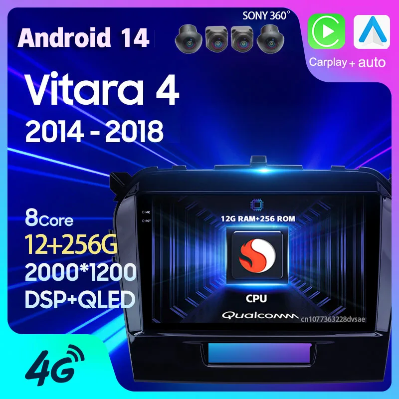 Автомагнитола Carplay на Android 14 для Suzuki Vitara 4 2014-2018 автомагнитола WIFI + 4G BT навигация 2 Din