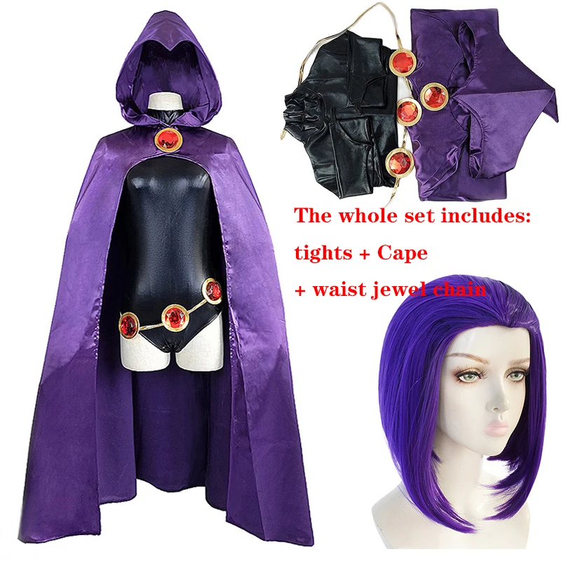 

New Teen Titans Raven Cosplay Costume Superhero Cloak Jumpsuits Zentai Halloween Tight Clothes + Cape + Waist Jewelry Chain