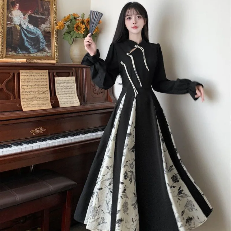 Китайский Новый год Cheongsam элегантное черное платье с тушью и принтом современные
