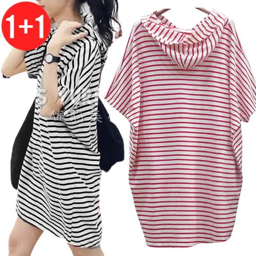 

여성반팔티 불랙+핑크 2장 여성티 스트라이프 오버핏 후드티 반팔 티셔츠