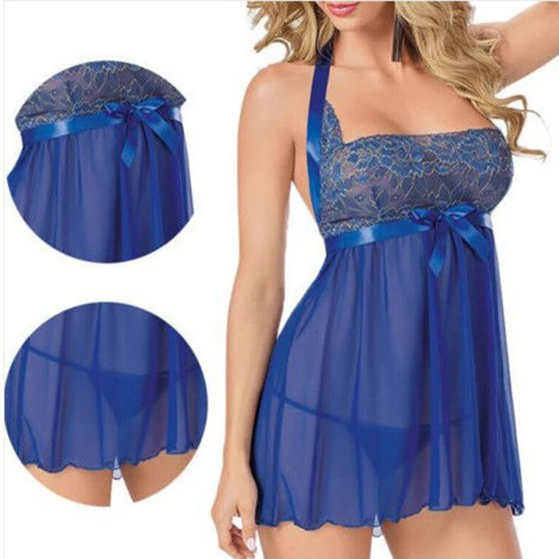 

Women Sexy Lingerie Lace Transparent Halter Neck Nightie Bowknot Belt Babydoll Sleepwear Slip Dress With Thong Underwear