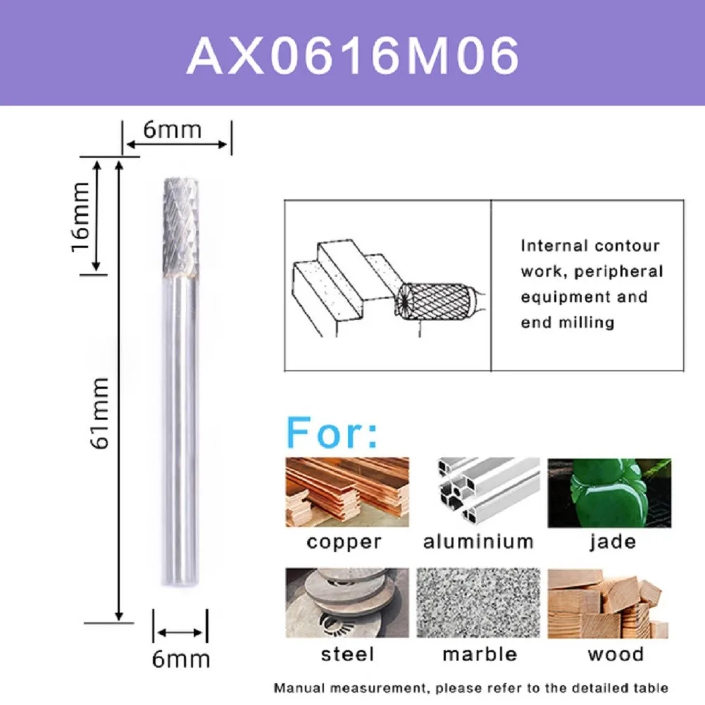 

6/8/10/12/14/16mm Carbide Rotary File Milling Metal Grinding Cutter Burr Head Drill Bit 6mm Shank Double Slot Woodworking Tools