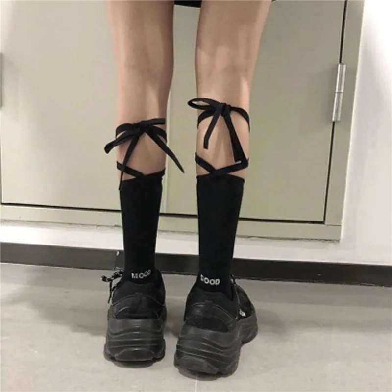 

1Pair Bow Knot Women Socks Fashion Japanese Tide Black/White Cotton Sox With Long Rope Strap Top Lolita Good Print Heel