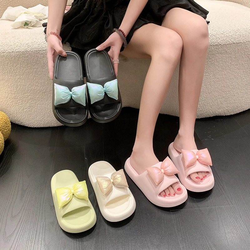 

Классические пляжные тапочки для женщин, базовая повседневная обувь на плоском среднем каблуке, с бантом-бабочкой, летние шлепанцы