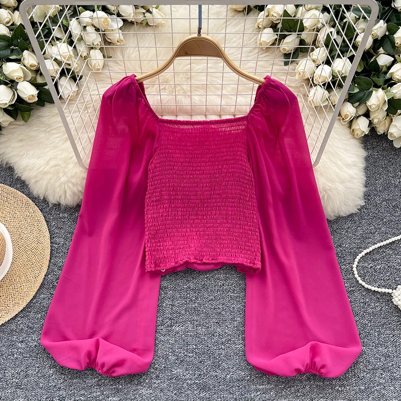 Женская однотонная блузка с квадратным вырезом и длинным рукавом