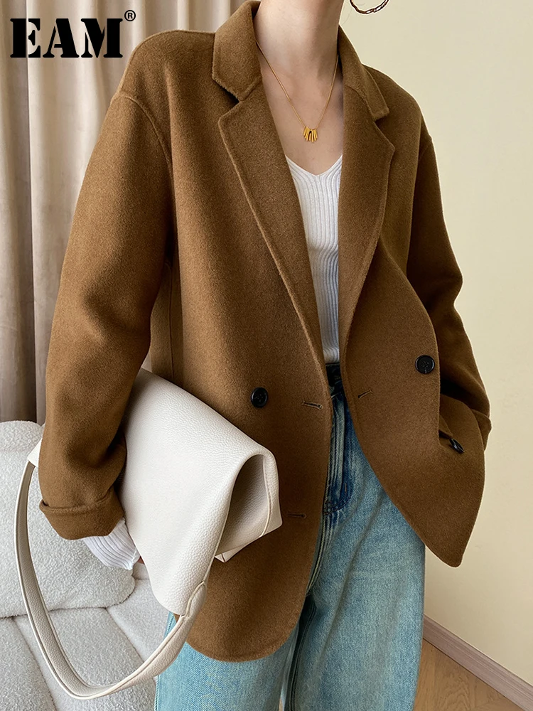 

[EAM] Loose Fit Camel Big Size Elegant Woolen Coat New Lapel Long Sleeve Women Jacket Fashion Tide Autumn Winter 2023 1DH0670