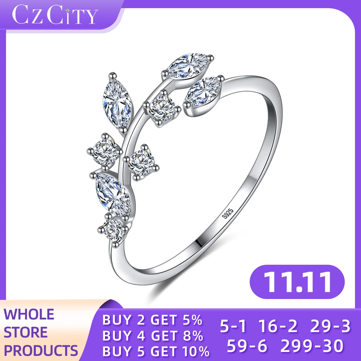 

CZCITY CZ Rings for Women 925 Sterling Silver Adjustable Rings Fine Woman Wedding Bands Party Trendy Classic Aestethic Jewelry