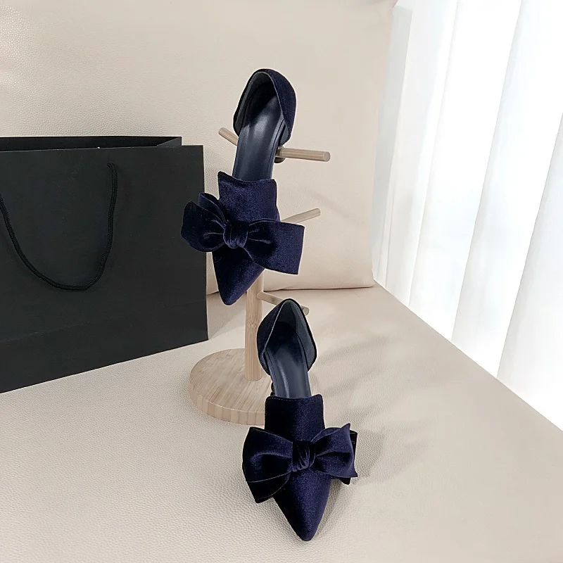 

Heel Spring High Shoes Woman Autumn Elegant Wedding Party French Style Vintage Slinbacks Ladies Velevet Pumps With Bowtie