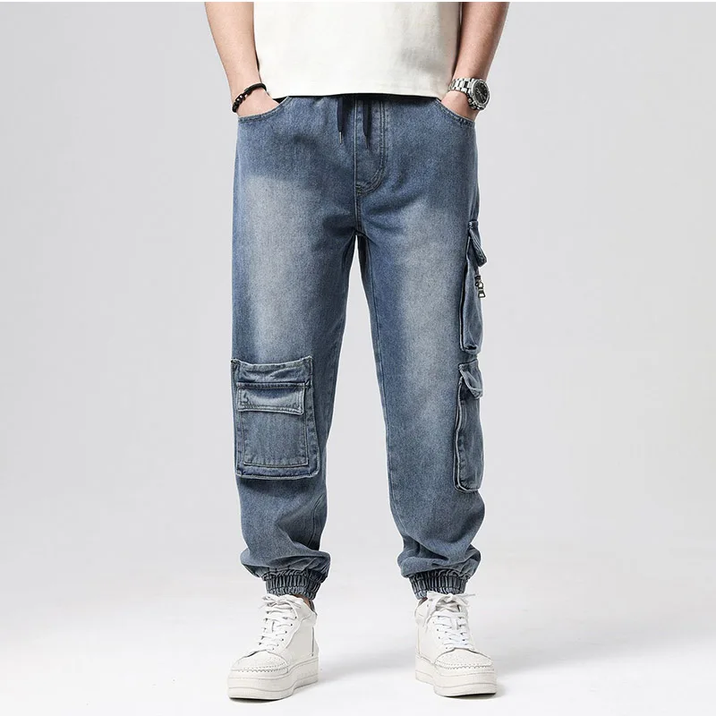 Men Cargo Skateboard Zipper Jeans Trousers Multi Pockets Loose Casual Denim Pants For Male Plus Size M-6XL