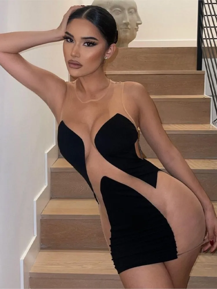 

Лоскутное Сетчатое прозрачное облегающее мини-платье без рукавов, женская летняя Модная элегантная одежда для выпусквечерние вечера, клуб...