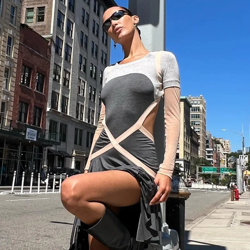 

Dress Women's 2023 New Long Sleeve Short Sexy Backless Contrast Panel Mesh Pleated Dress Женское платье Vestido De Mujer