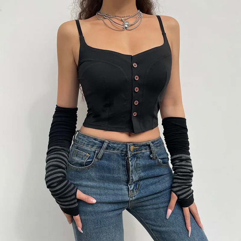 

Black Women clothes Strapless Backless Knitted Short Halter Button y2k Crop Top Vintage V Neck Corset Sexy tops Summer