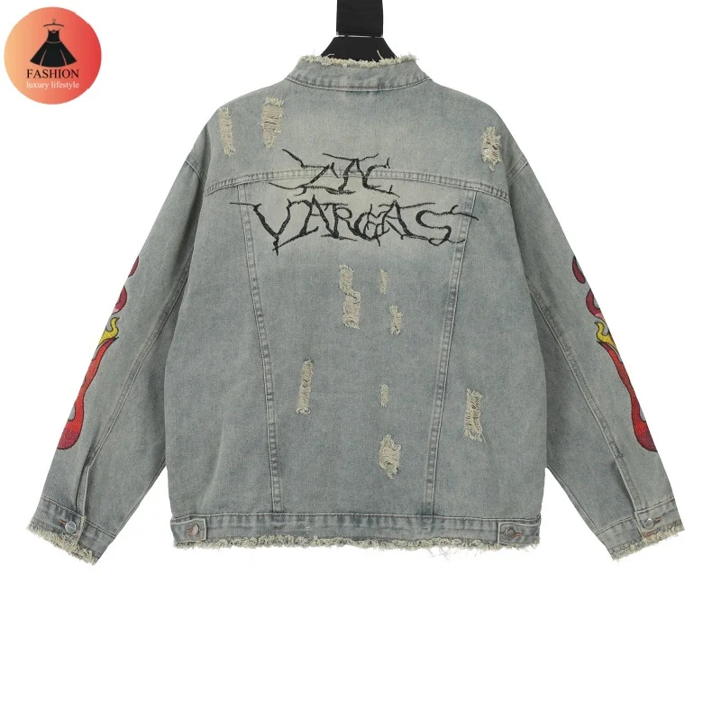 Тенденция высшего качества винтажная джинсовая куртка с отверстиями