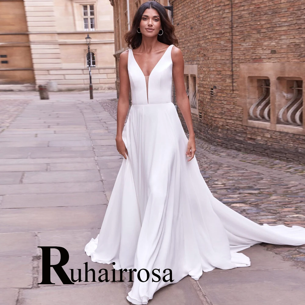 

Ruhair Simple Tank Chiffon Wedding Dresses Bow Backless V-Neck Illusion For Women Made To Order Vestidos De Novia Brautmode