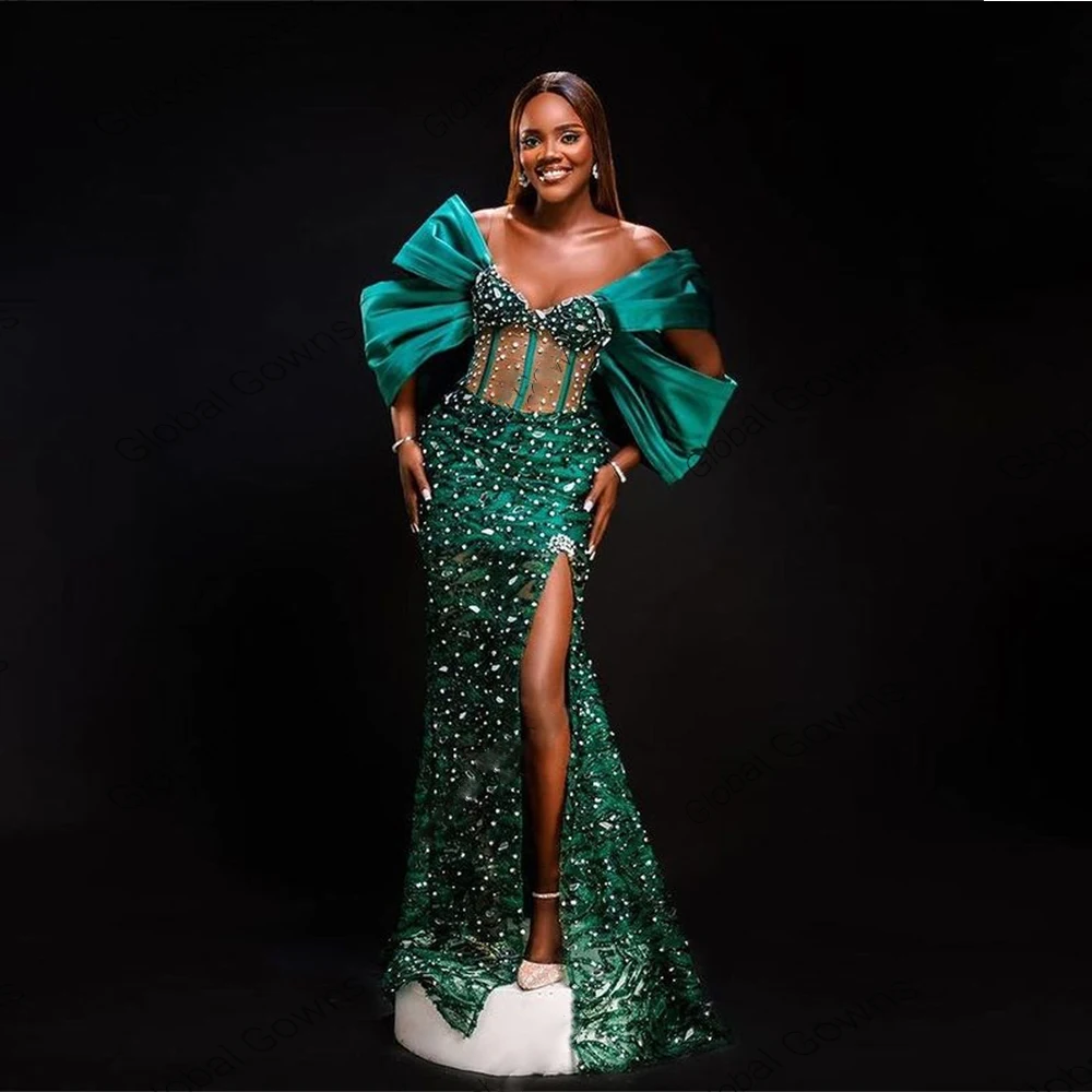 

Emerald Green Evening Dress Crystal Beading Mermaid Party Gowns Robe De Bal Long Prom Dresses Off Shoulder Illusions High Split