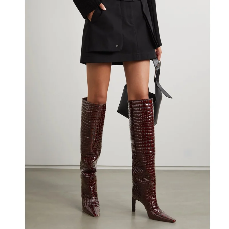 fashion printing microfiber autumn winter boots European American pop high heel shoes women knee high boots woman thin high heel