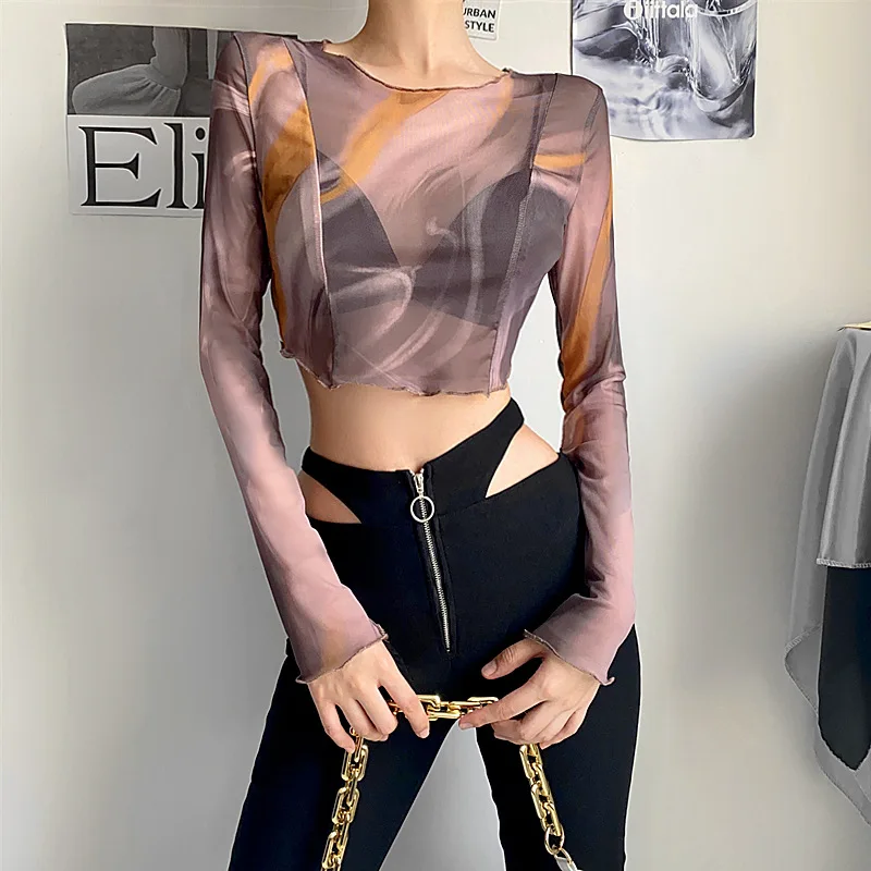 

Autumn Women Print Mesh T shirts Sexy Perspective Full Sleeve Cropped Tops O-Neck Edible Tree Fungus Cropped T shirts Long Tees
