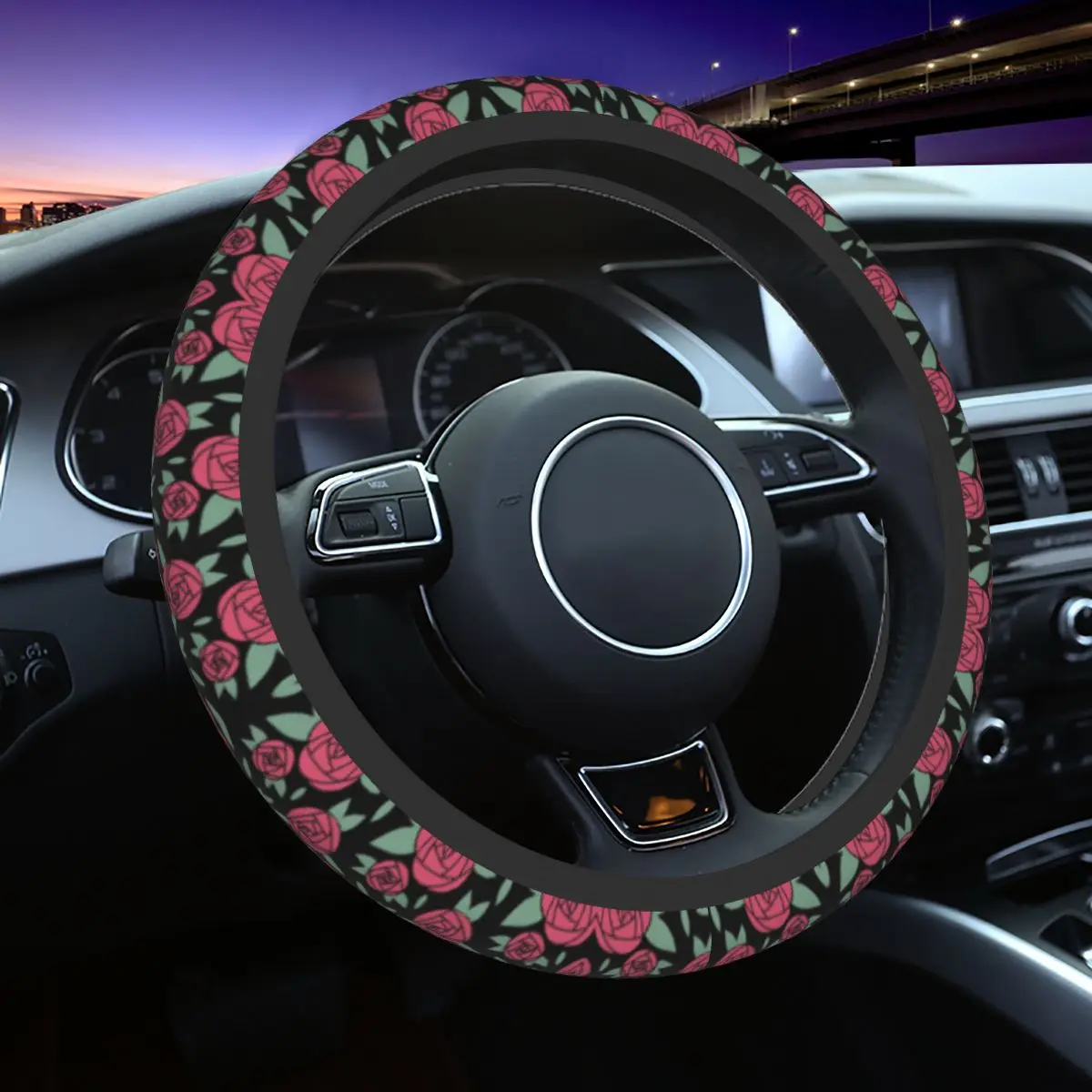 

Elegant Rose Pattern Universal Steering Wheel Cover Fit for SUV Flower Car Steering Wheel Protector 15 Inch Auto Accessories