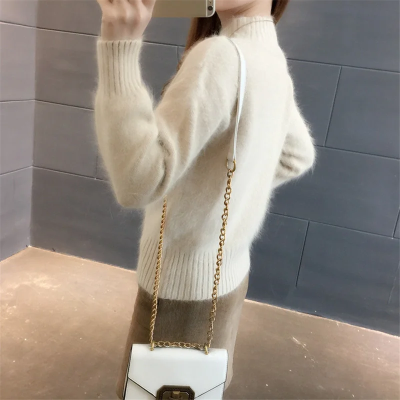 

Winter Autumn Thick Half High Collar Faux Mink Cashmere Sweater Women Short Pullover Korean Loose Long Sleeve Knit Tops Female