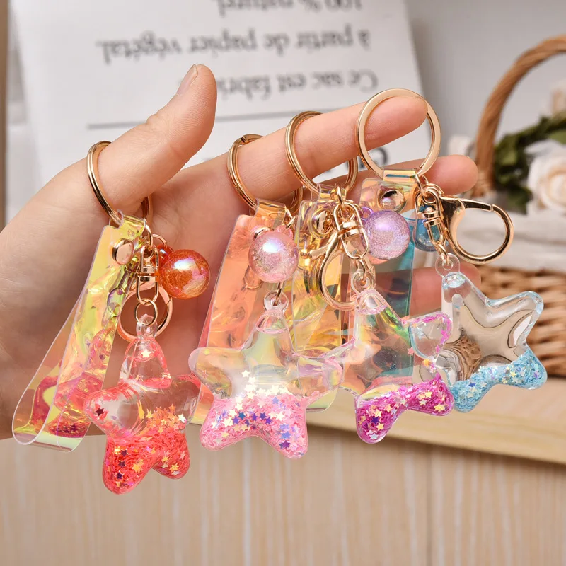 

Quicksand Keychain Pentagram Keychains Women Bag Pendant Floating Bottle Creative Cartoon Acrylic Into The Oil Fashion Jewelry