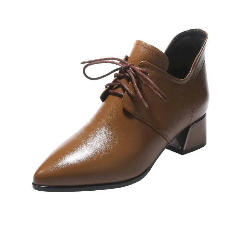 

Ricaqico Leather Heels Deep Mouth Single Shoes Womens Thick Heel Pointed Toe Ankle Boots Spring Autumn Small Leather Shoes Women