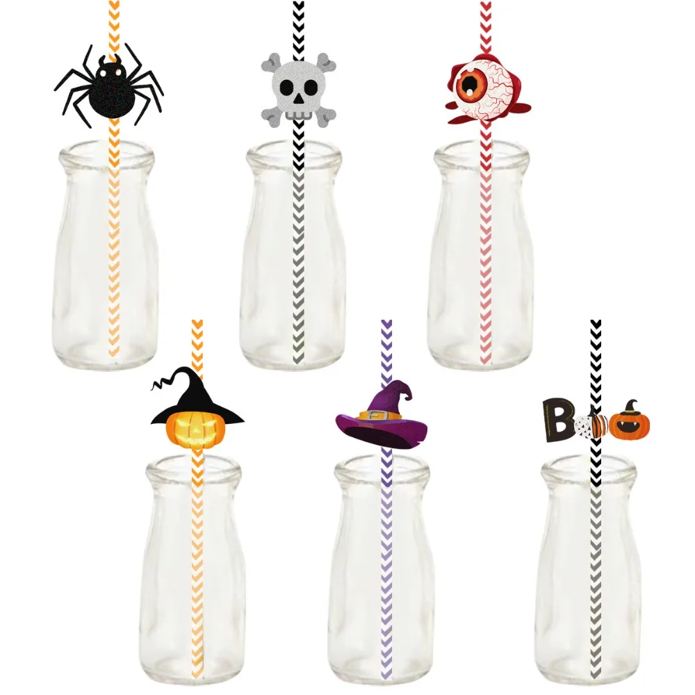 

24pcs Halloween Stripes Paper Drinking Straws Pumpkin Skull Eyeball Spider Disposable Straw Halloween Party Drinks Decor