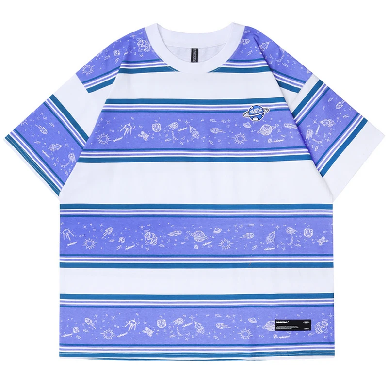 

Лето 2022, Свободный Топ унисекс из натурального хлопка с круглым вырезом, мужские футболки оверсайз, Мужская футболка с широким полосатым пр...