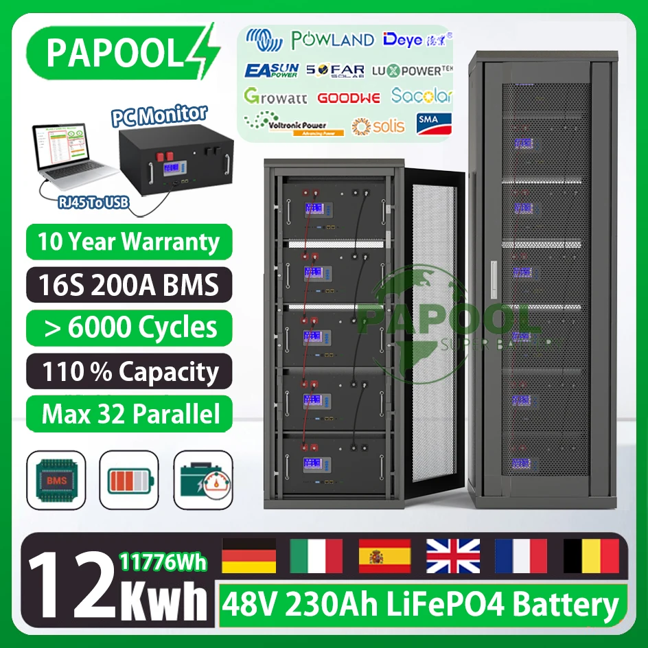 Аккумулятор LiFePO4 48 В, 6000 Ач, 12 кВтч, 51,2 + циклов, в, Ач, Ач, 16S, BMS, RS485, может макс. параллельный монитор ПК 32 дюйма, в наличии в ЕС, без НАЛОГА