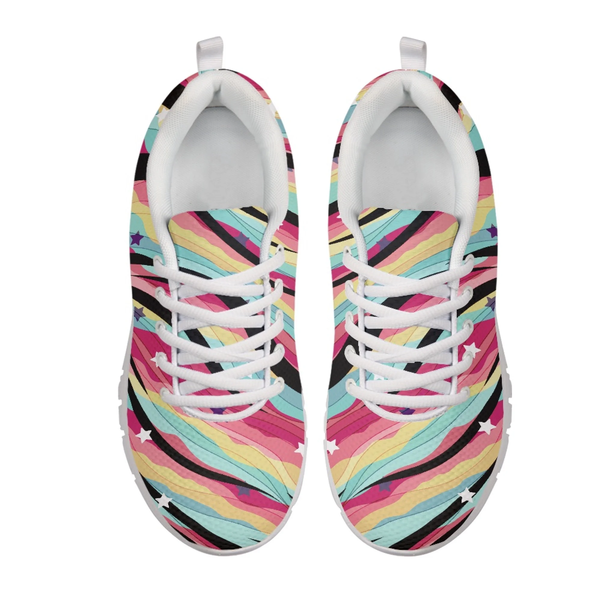 Yikeluo Abstract Stripe Pattern Design Ladies Casual Sneakers Comfort Girls Lace up Flat Shoes for Women Footwear Walking Shoes