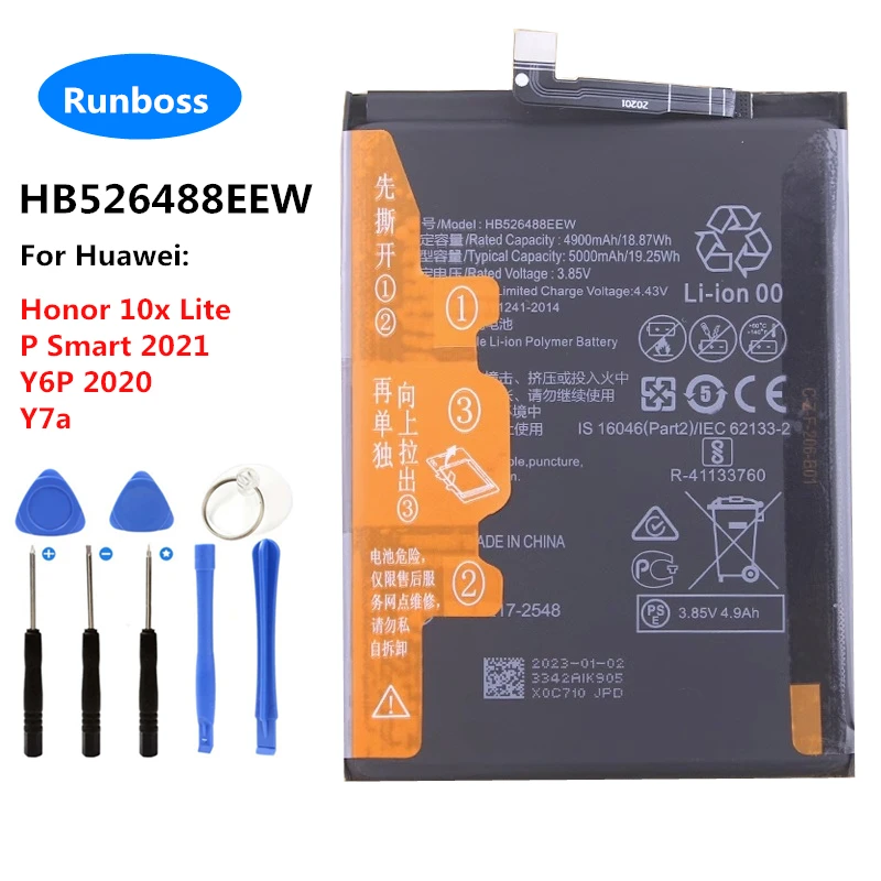 

New High Quality HB526488EEW 5000mAh Battery For Huawei Honor 10x Lite P Smart 2021 Y6P 2020 Y7a PPA-LX2 PPA-L22 L02B L22B Phone