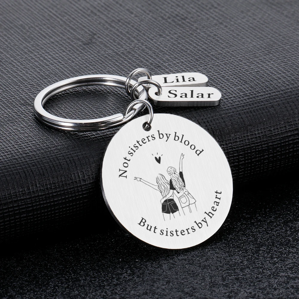 

Friendship Keychain Custom Name with Not Sisters By Blood But Sisters By Heart Key Chain Birthday Gifts for Best Friend Women