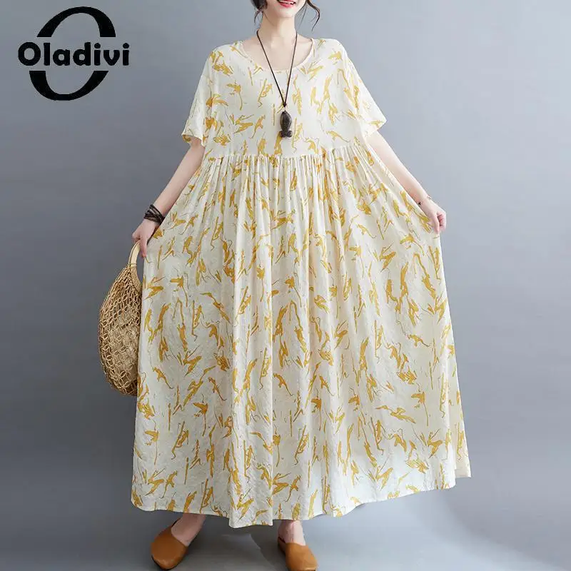 

Модное женское пляжное платье Oladivi с принтом в богемном стиле, Новинка лета 2023, длинные платья с коротким рукавом, женская одежда большого размера, халат 9255