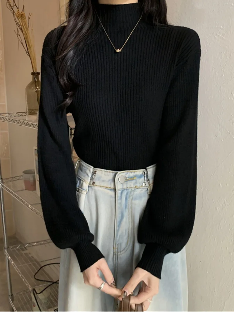 

Женский свитер с рукавами-фонариками, однотонный вязаный пуловер с воротником-хомутом, свободный белый свитер цвета хаки для офиса, 2022