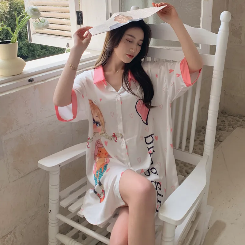 Sweet Home Dress Women Summer Nightgown Boyfriend Shirt  Sleepwear Button-up Nightshirt Sexy Ice Silk Female Pajamas Clothes Pj