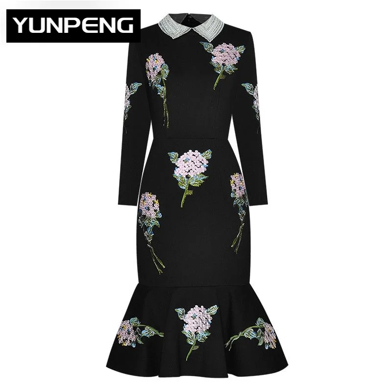 

Dress Beaded turn-down collar Rose Embroidery Hot drilling Black Slim Package hip Mermaid Elegant Dresses For Women 2023 Luxury