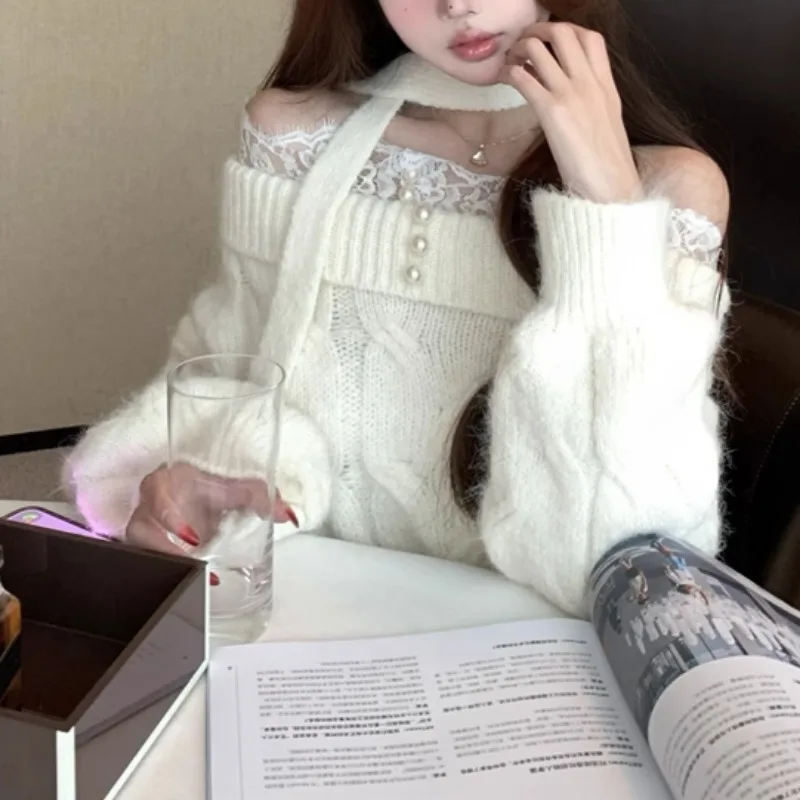 Кружевной свободный кашемировый свитер с открытыми плечами и длинными рукавами