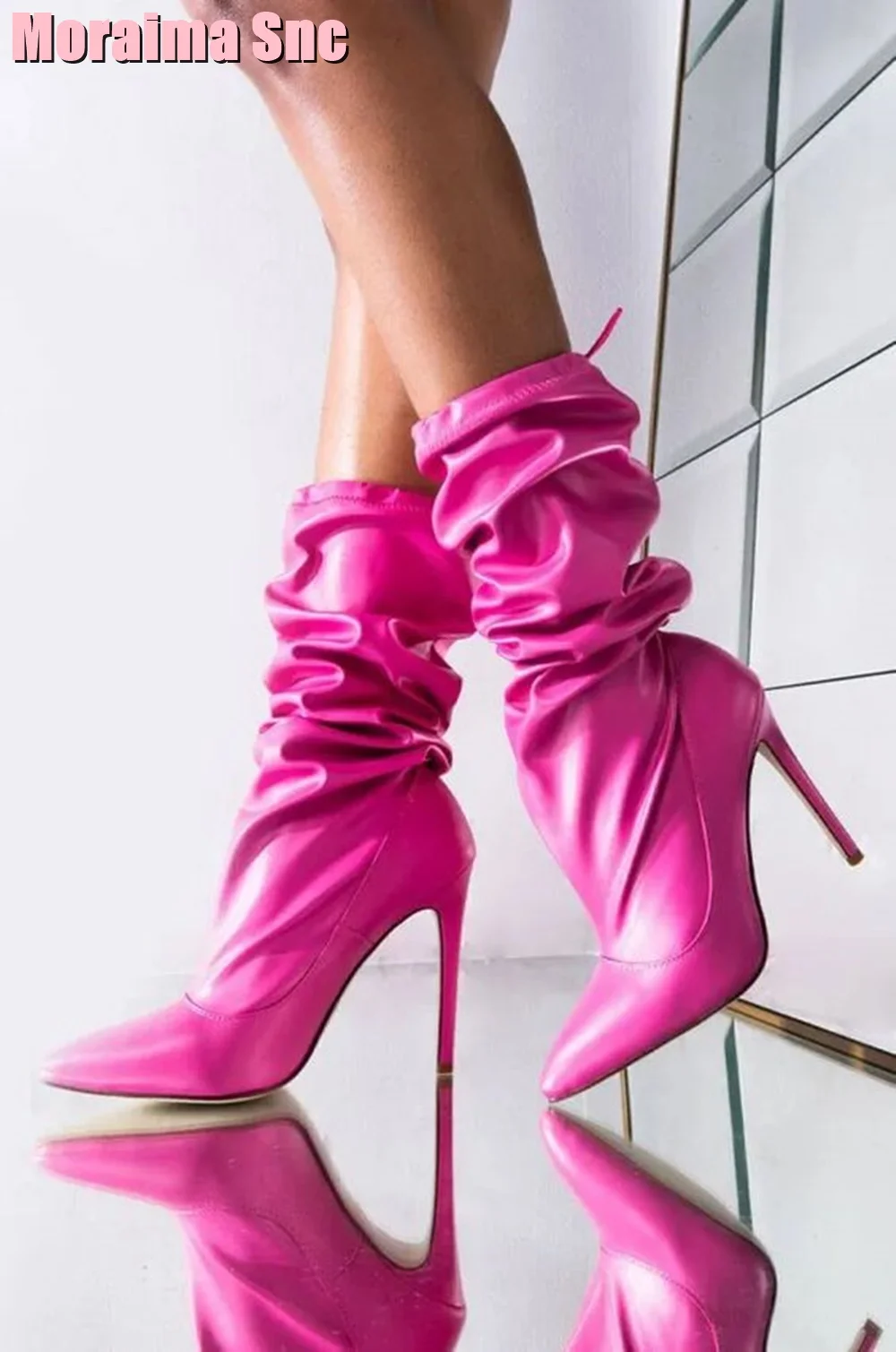 Drawstring Pleated Pointed Toe Knee High Boots Stiletto Heel Rosy Red Solid Sexy Women Shoes Long Boots Spring Autumn Fashion