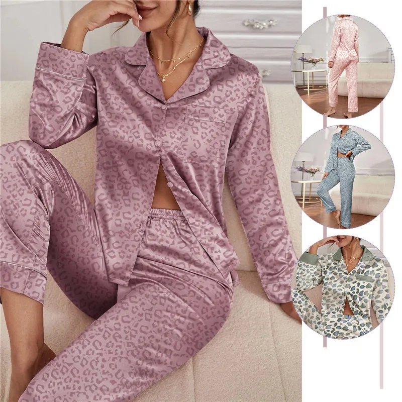 

Leopard Print Pajamas For Women Sleepwear Pijama Femme Turn Down Collar Long Sleeve Pyjamas Loungewear Autumn Summer