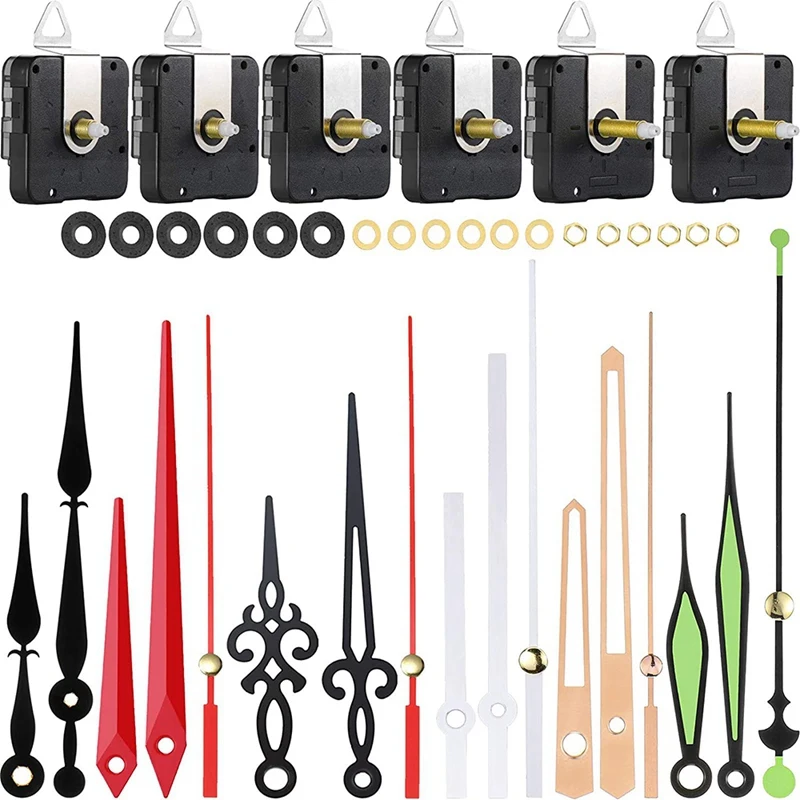 

6 шт., механизм с большим крутящим моментом и длинным валом, с вставками, крючками и 6 пар запасных частей для часов