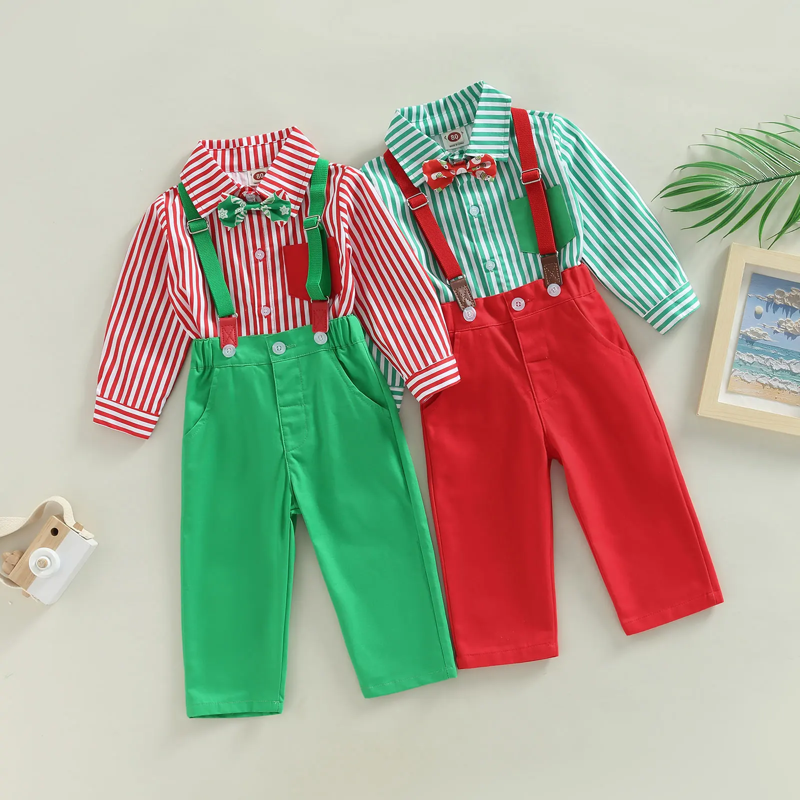 

TR New Autumn Christmas Toddler Baby Boys Gentleman Outfit Stripe Turn-Down Collar Bow-Tie Shirts + Suspender Pants Xmas Set