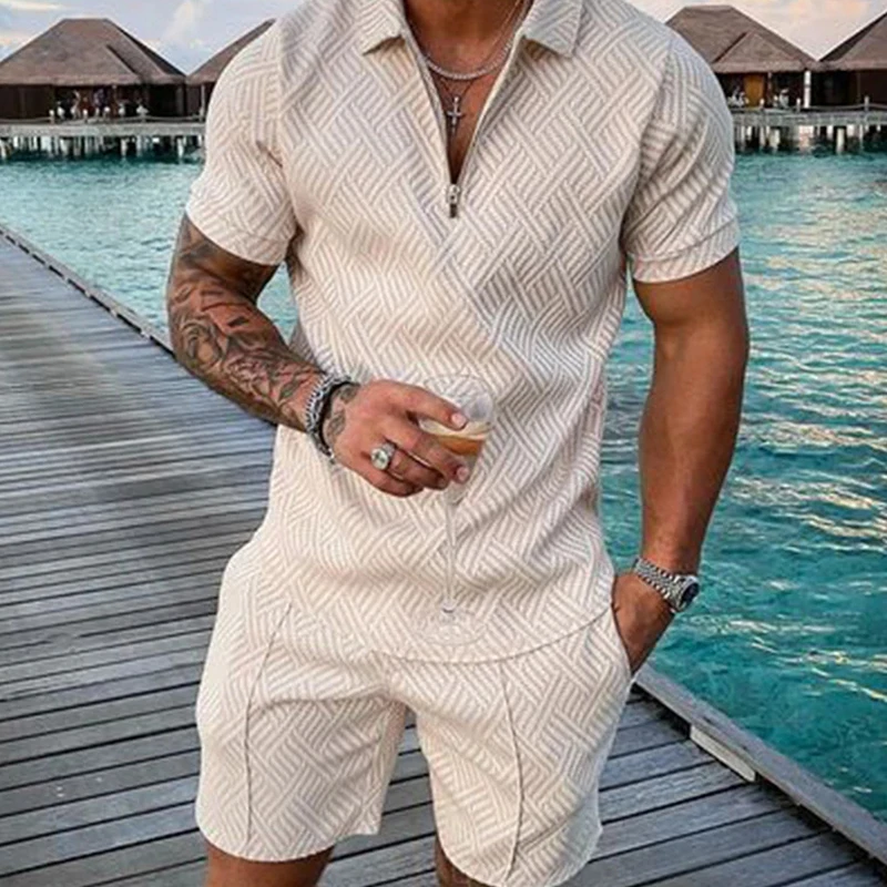 New Men's Suit Set 3D Solid Color Print Summer Short Sleeve Polo Shirt Shorts Suit Fashion Zipper Polo Shirt Two Piece Suit Men