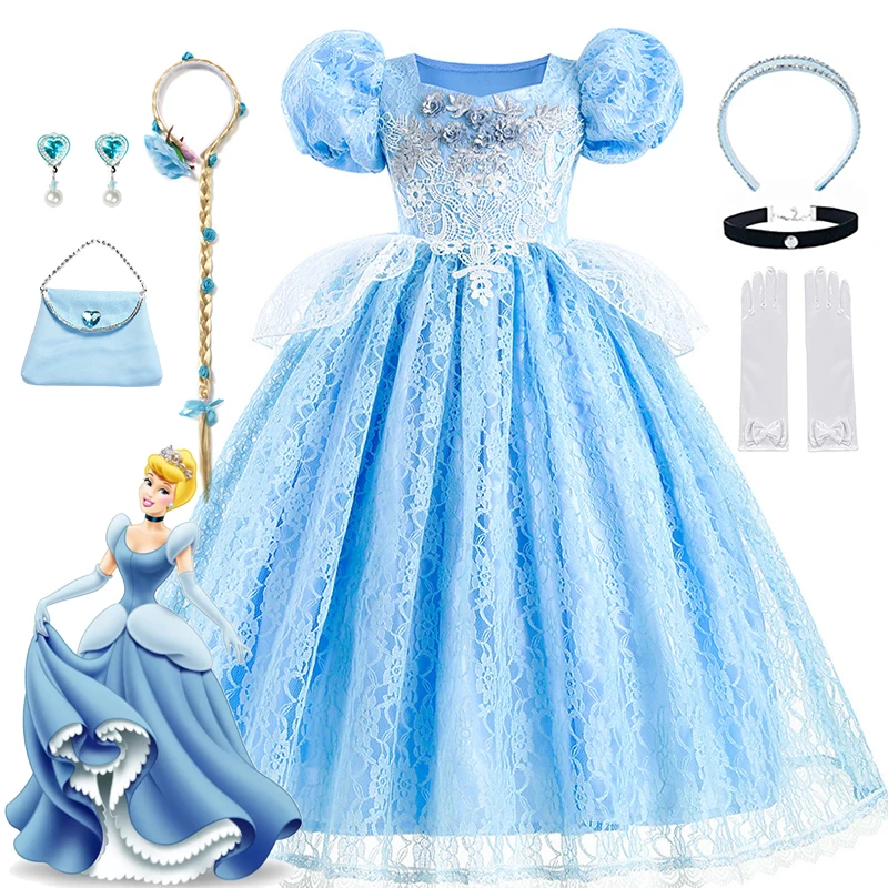 

Платье Принцессы Диснея Золушки для девочек, модная кружевная одежда с вышитыми цветами и буффами на рукавах, Детский костюм для косплевече...