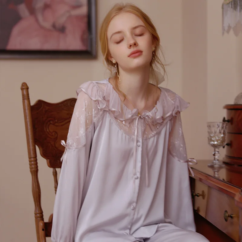 Pajama women's long sleeves thin two-piece set French silk loungewear женское бельё  silk pajamas for women