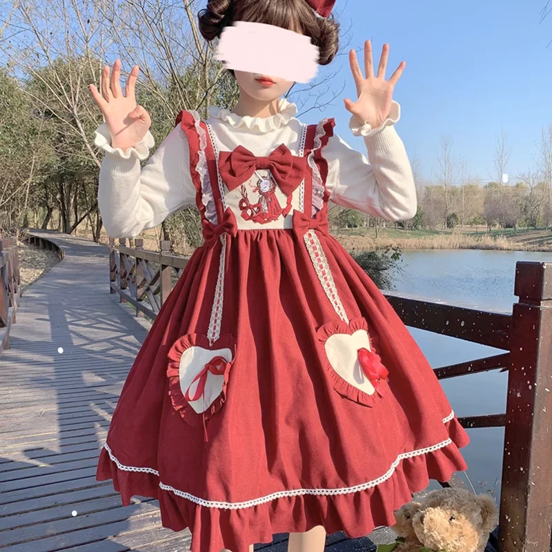 

Japanese Lolita Dress Cute Strap JSK Dress Summer Sweet Dresses Female Soft Girls Ruffle Fungus Women Lace Dress