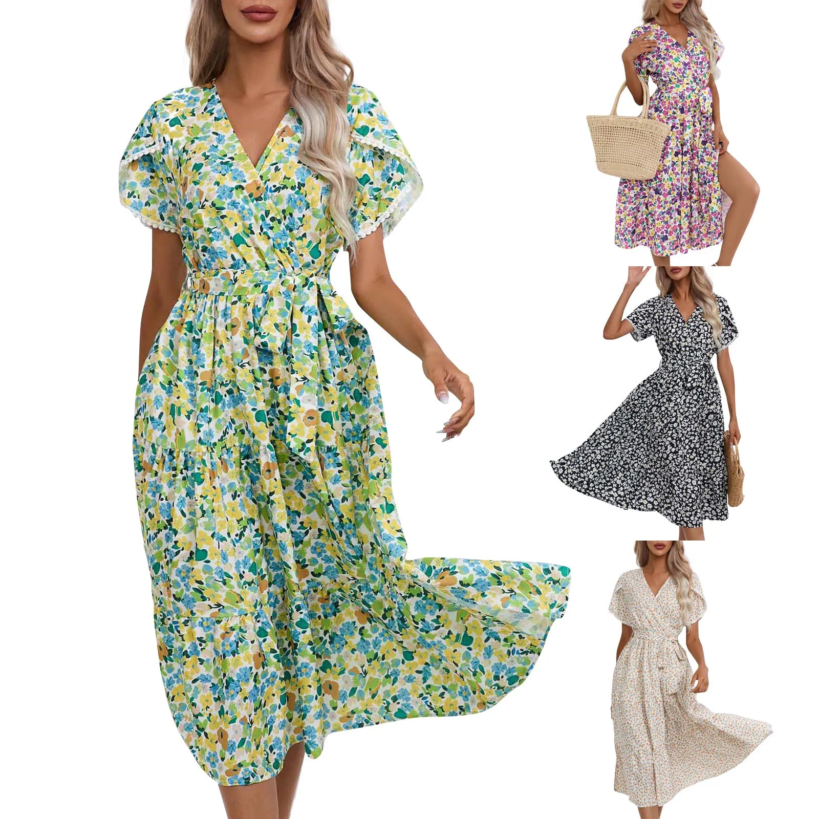 

Женское летнее платье с V-образным вырезом, рукавами-бутонами и оборками