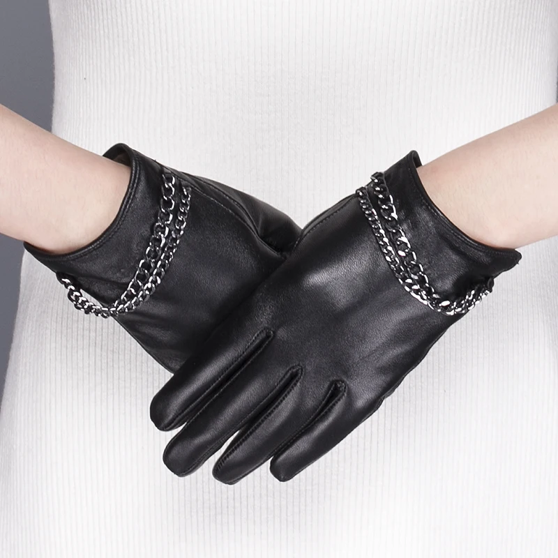 GOURS Winter Real Leather Gloves Women Black Genuine Sheepskin Touch Screen Gloves Fashion Chain Fleece Lined Warm New GSL074
