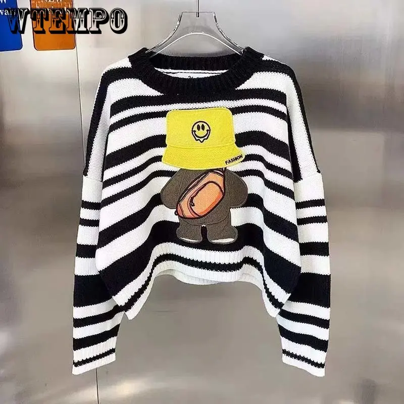 

Yellow Hat Stripe Women Sweater Crew Neck Knitted Pullover Long Sleeve Top Loose Jumper Harajuku Commute Pull Bottoming Shirt