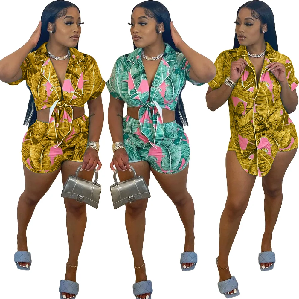 

Women's Summer New Fashion Print Irregular Tie Short Sleeve Two Piece Set