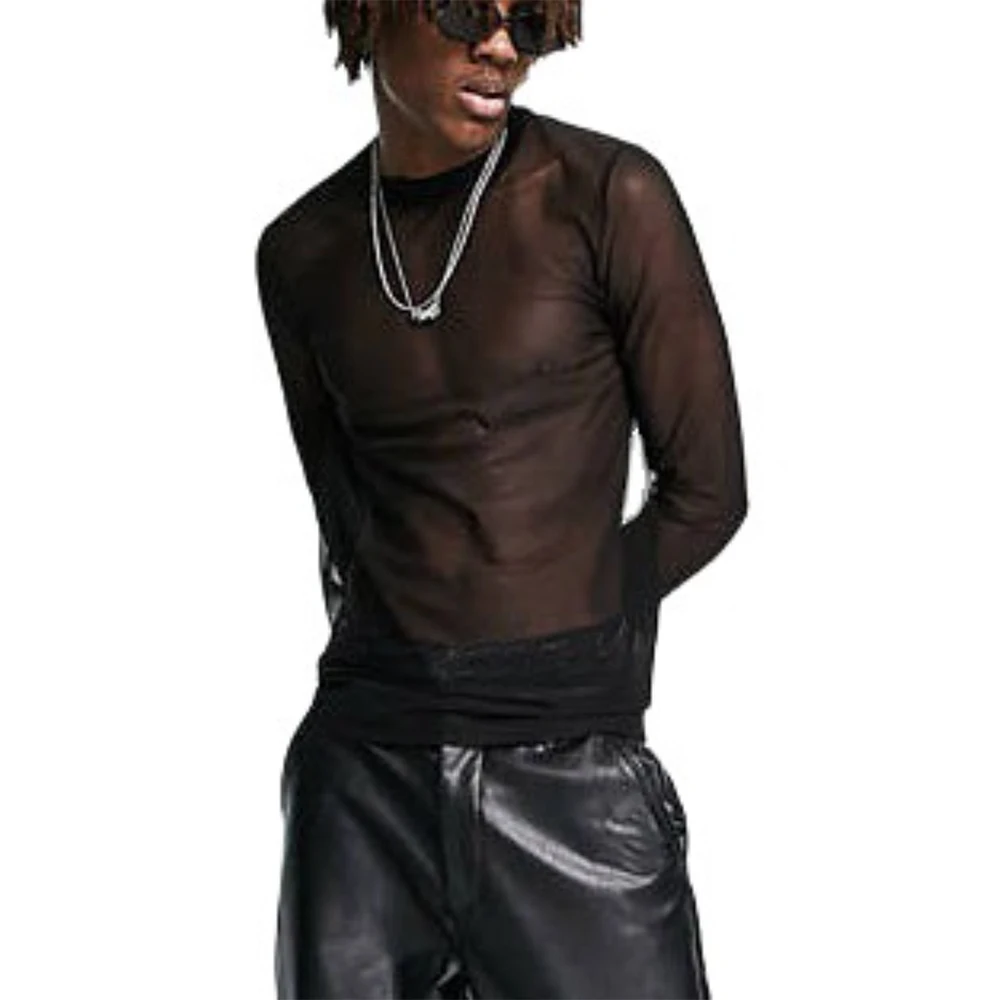 

Mesh Long-sleeved Perspective T-shirt Sexy Nightclub Wear Fitness Breathable Mesh Bottom Shirt Men's Performance Clothing