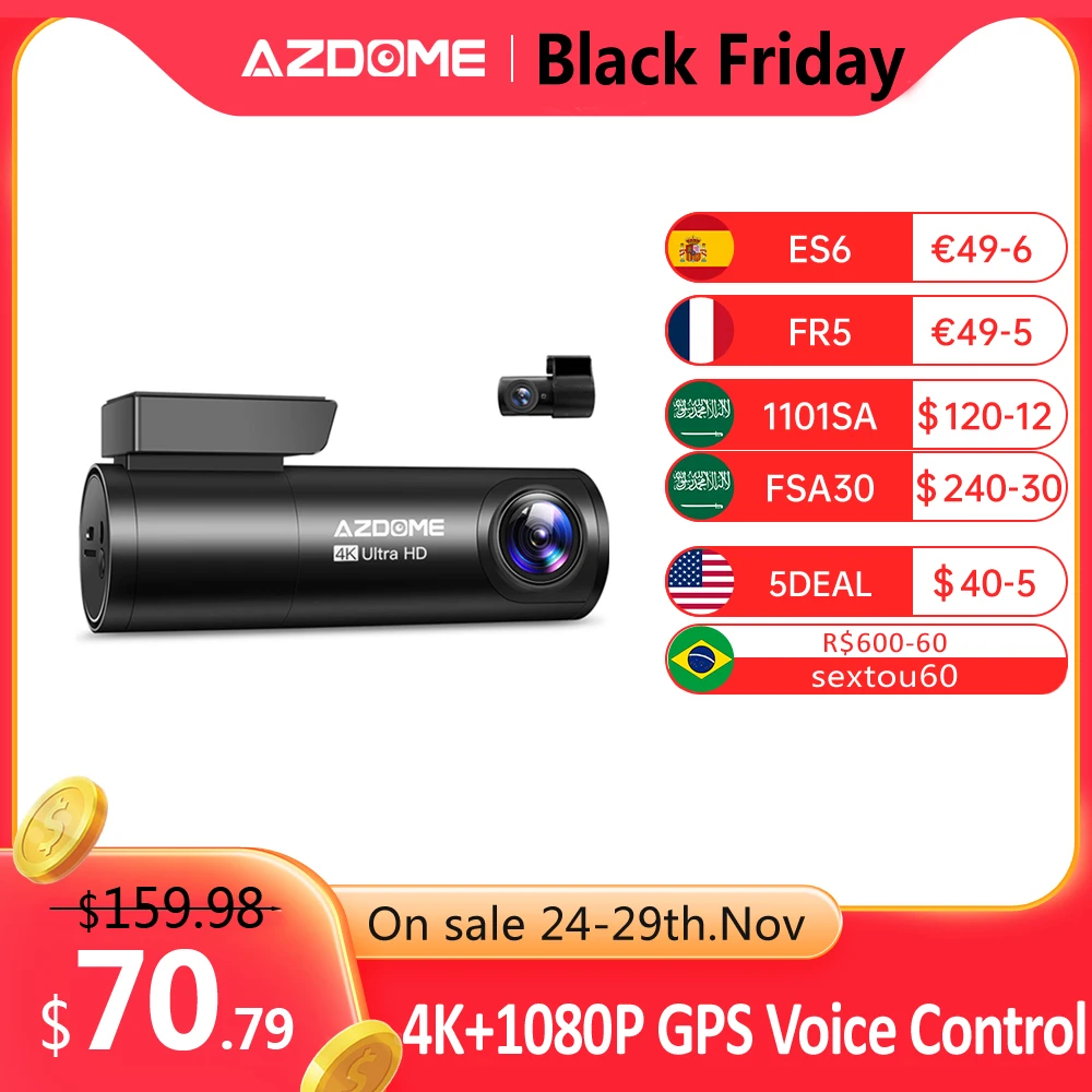 AZDOME M300S Car Recorders 4K+1080P Rear Camera (Free 64G TF) 800MP Lens GPS Wifi Car DVR Voice Control  Dash Cam Night Vision